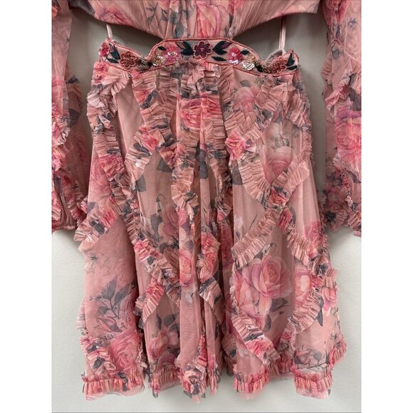 Mac Duggal Side 4 Pink Floral A9151 Long Sleeve V Neck Cut Out Mesh Mini Dress - Picture 6 of 11